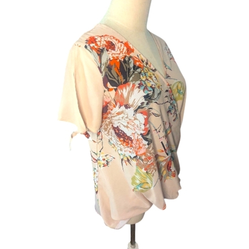 Floral Peach Wrap Top TIe Sleeves Small - Picture 2 of 4
